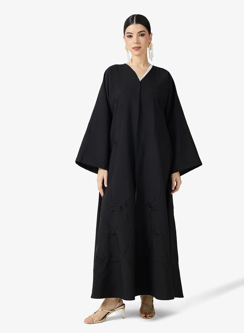 hayas closet  Black Embroidered Abaya With Sheila for Women | Best Price UAE